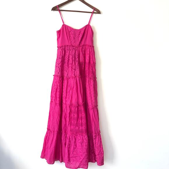 Anthropologie Bhanuni Jyoti Sleeveless Patchwork Lace Tiered Midi Dress Pink S - Picture 4 of 8